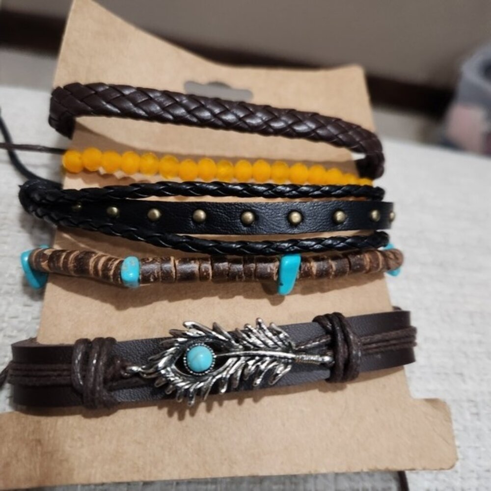 Nwt Womens Brown and Black Leather & Beaded Bracelet Set